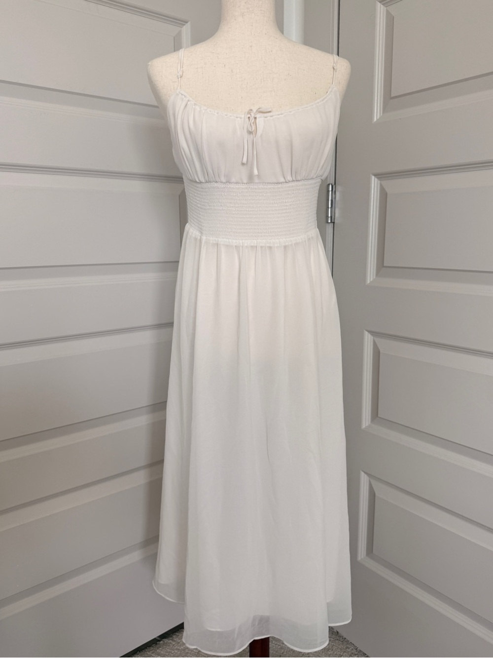 Aritzia White Smocked-Waist Spaghetti Strap Midi